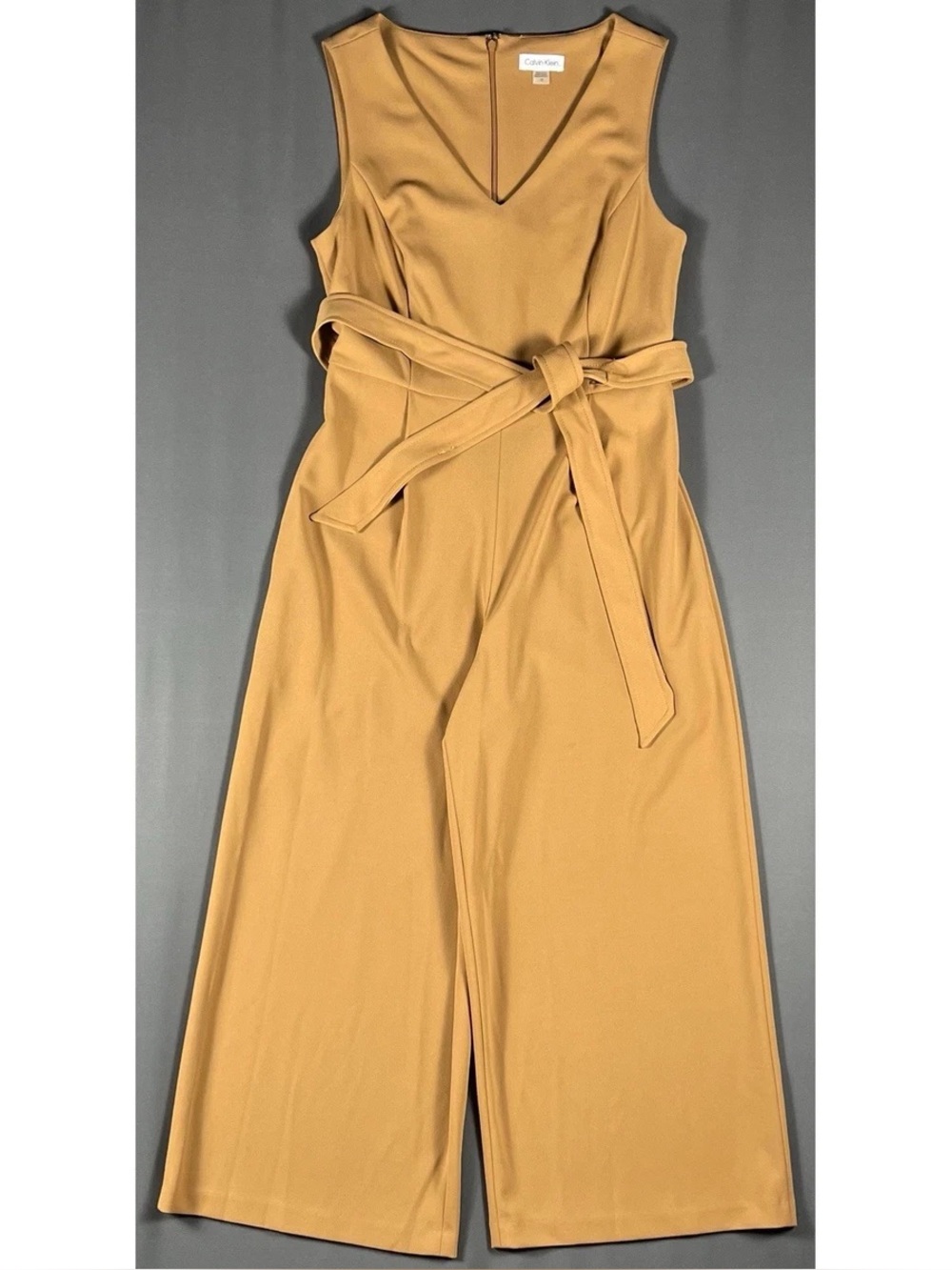 Calvin Klein V-NECK camel Cropped wide Leg sleeveless belted Jumpsuit plus sz 16
